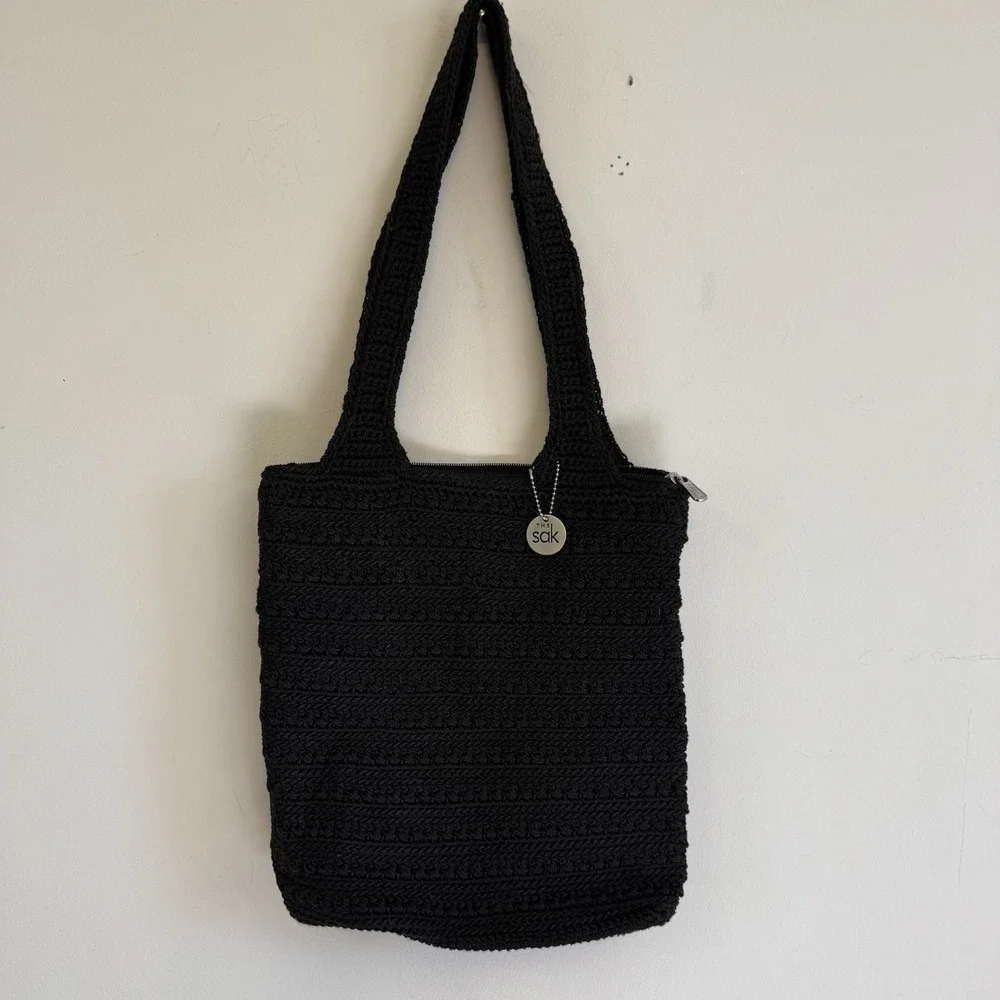 THE SAK Crochet Black Hobo Shoulder Bag Purse Beachy Boho Vacation Summer Travel